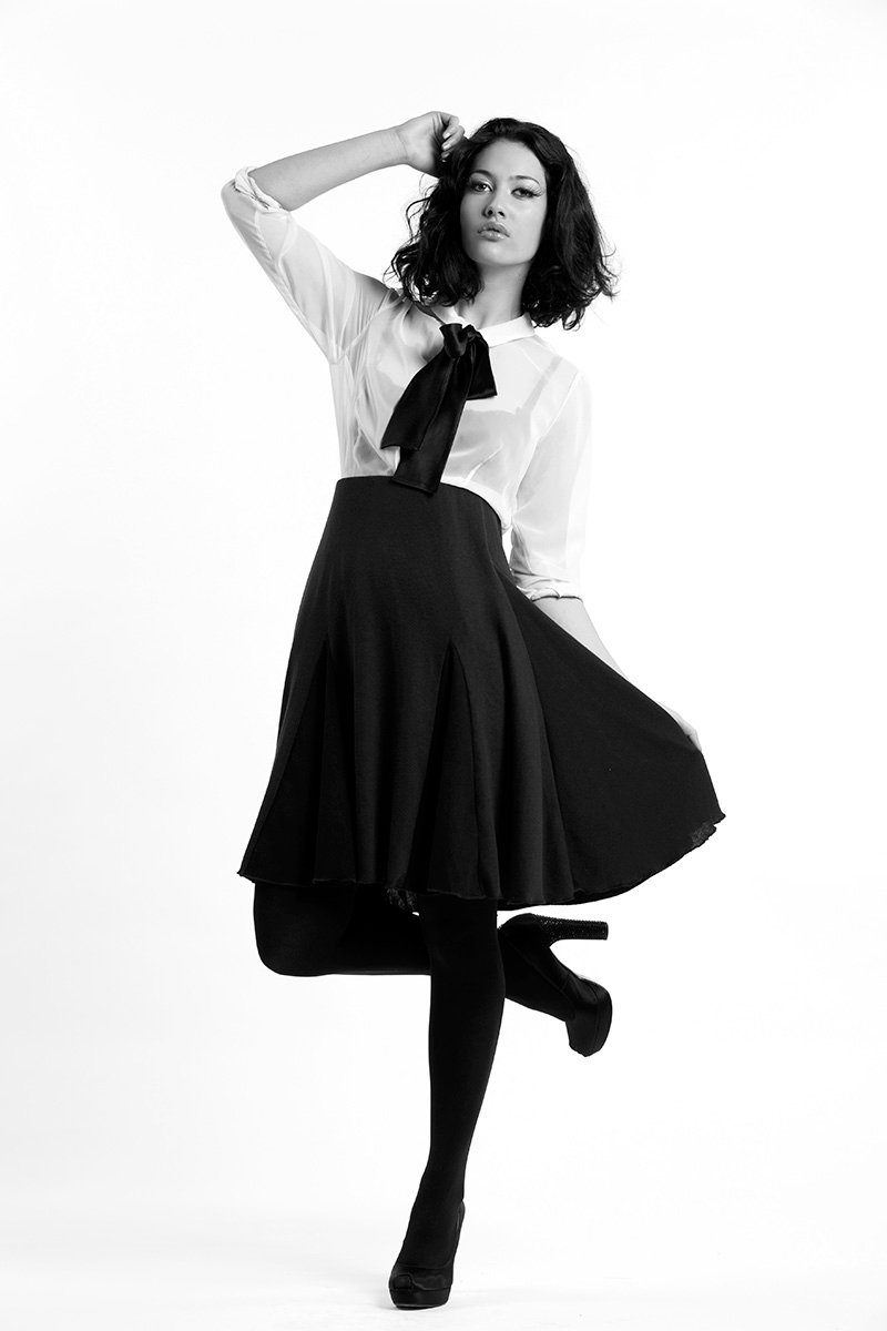 Black and white fashion image of model Kate Wallace